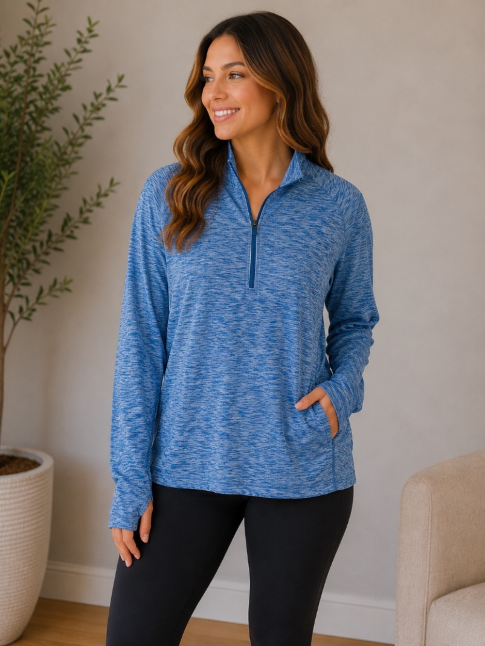 Danskin Now Women’s Blue Semi-Fitted Quarter-Zip Pullover, size XL